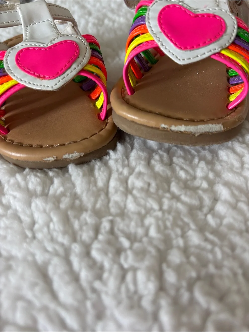 Faded Glory White Sandals with Pink Heart & Neon Straps